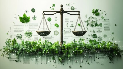 Balance of Nature and Law Concept with Scales and Green Elements