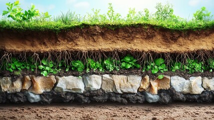 Layers of Soil with Plants and Roots Under Clear Blue Sky