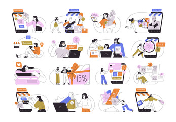 Online shopping, e-commerce concept. Customer buying and paying in internet, virtual store sale on mobile phone app. Digital ecommerce set. Flat vector illustration isolated on white background