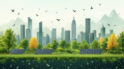 Urban Eco-Friendly Landscape with Solar Panels and Wildlife Interaction