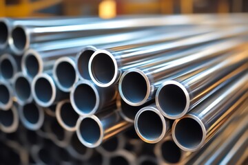 Steel pipes stacked for industry closeup photo