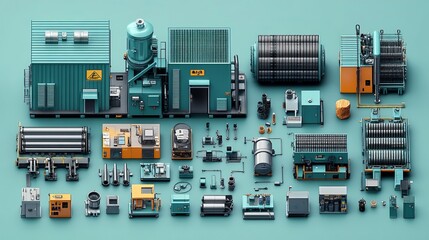 Industrial Equipment and Machinery Components on Blue Background