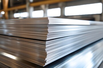 Steel plates stacked for industry closeup photo