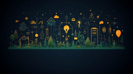 Digital Landscape with Icons of Nature, Technology, and Growth
