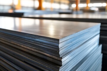 Steel plates stacked for industry closeup photo
