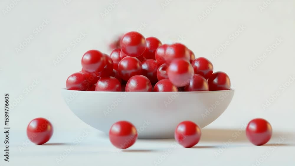 Poster a simple still life image of a white bowl filled with red cherries placed on a table
