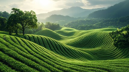 Lush Green Rolling Hills with Tea Plantations and Gentle Sunrise Glow