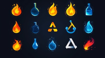 Colorful Flame and Liquid Icon Set with Scientific Elements