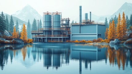 Tranquil Industrial Facility Surrounded by Mountains and Trees