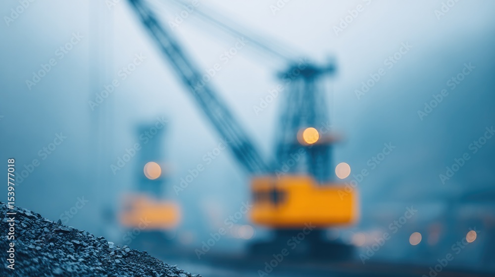 Poster blurred backdrop of miners working in coal industry setting creates minimalistic composition with am