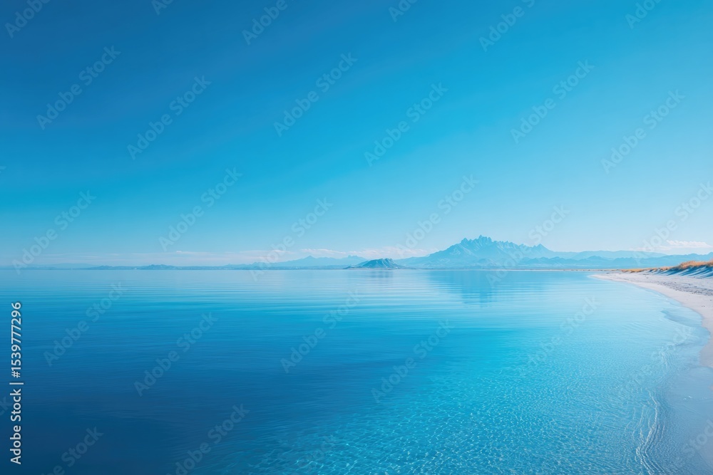 Poster calm and minimalistic beach scene under clear blue sky with ample copy space for text or design