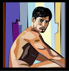Colorful background,young dark haired man without a shirt