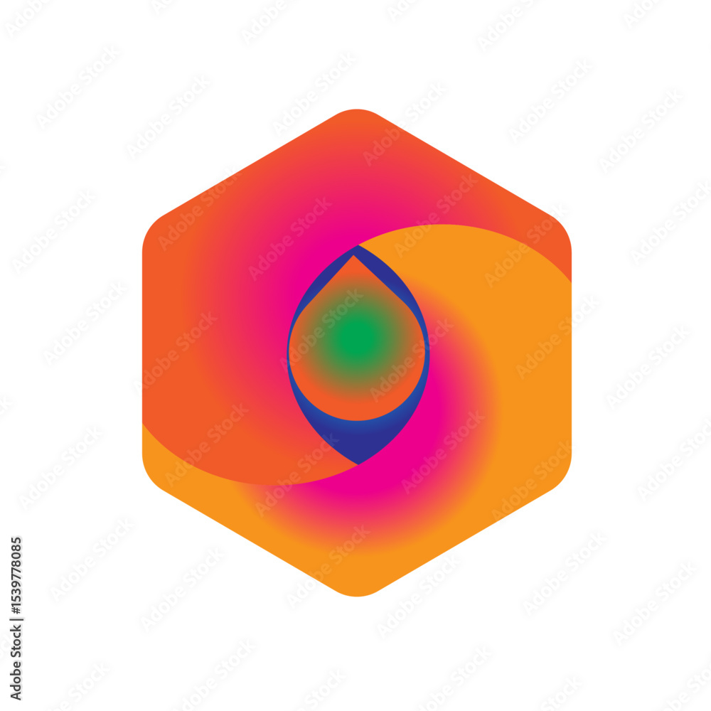 Poster a colorful hexagon with a swirling gradient and a central green and blue teardrop shape design eleme