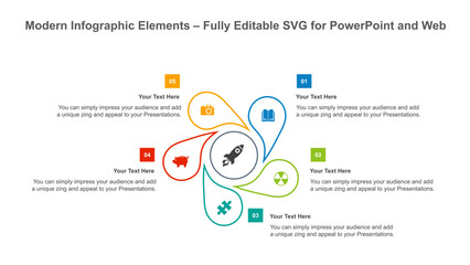 Creative Rocket Launch Infographic with 5 Colorful Options and Icons for Presentations. Fully editable vector SVG file compatible with PowerPoint, Illustrator, and most vector-based applications.