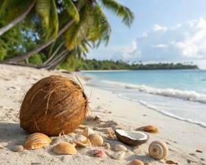 Cracked Coconut with Water, Shells, and Flowers in a Serene Coastal Environment