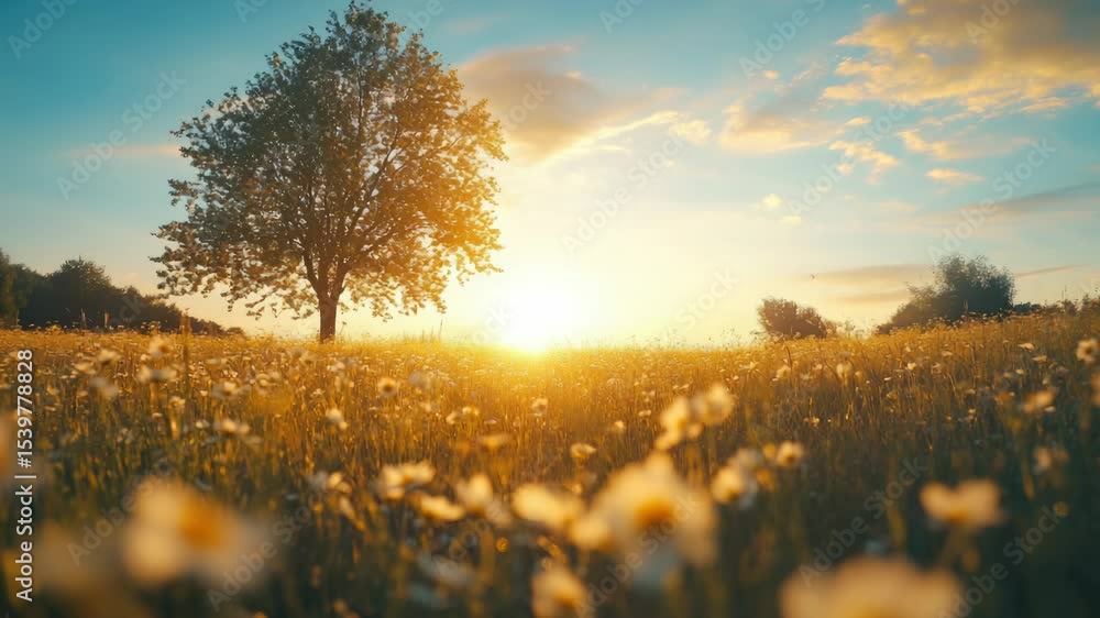 Poster a beautiful field of colorful flowers with a tree standing tall in the background