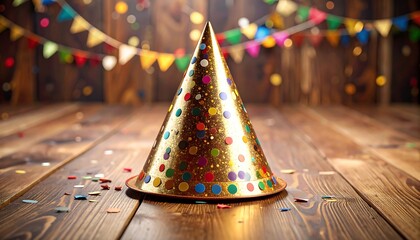 Golden Party Hat on Wooden Table.
