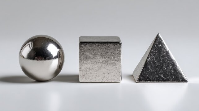 Geometric metal shapes: sphere, cube, pyramid with reflective surfaces on white background - Powered by Adobe