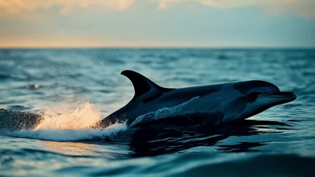 Dolphin leaping out of the water with splashes against a sunset background in the ocean video