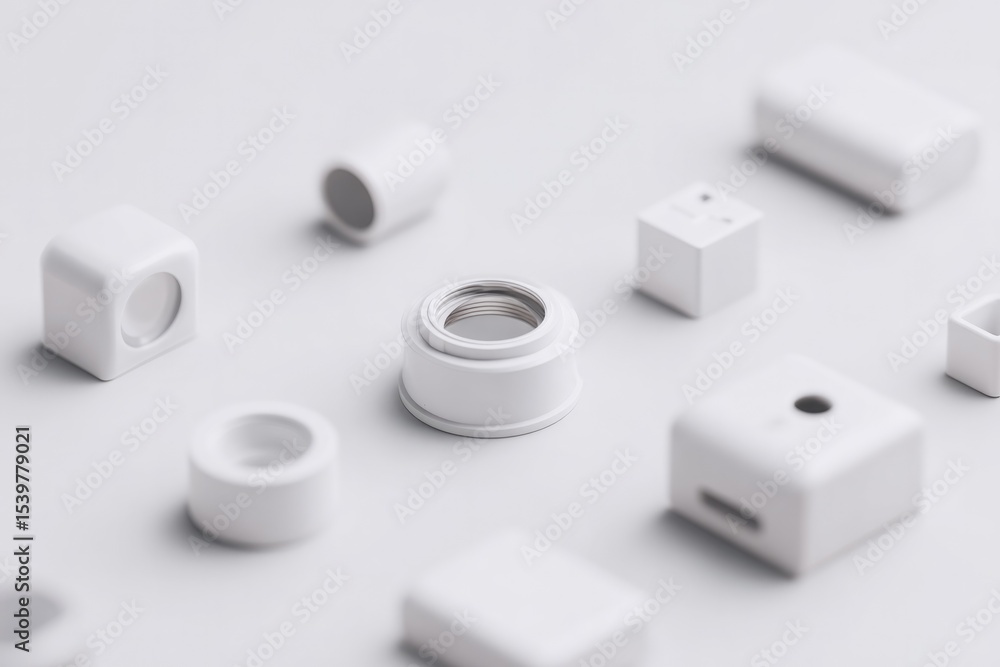 Poster close-up of various modern electronic sensors against plain white background with ample copy space