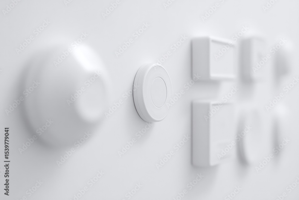 Poster close-up of various modern electronic sensors against plain white background with ample copy space