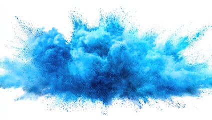 A vibrant explosion of light blue powder against a stark white background, exhibiting a dynamic, cloud-like texture with varying shades of blue