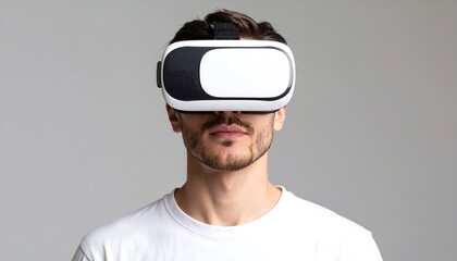 Man using VR headset with gray background.