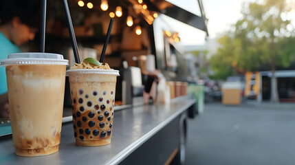 Bubble tea and coffee on food truck counter in urban outdoor setting © Daniel