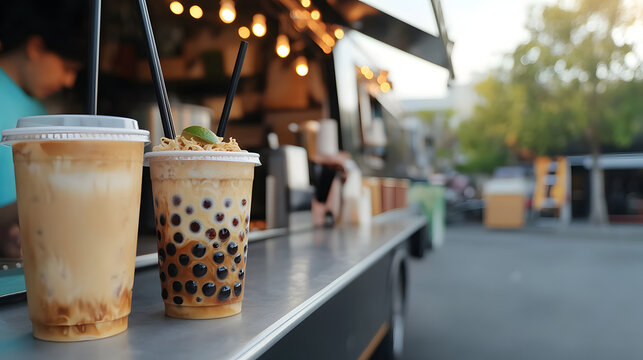 Bubble tea and coffee on food truck counter in urban outdoor setting