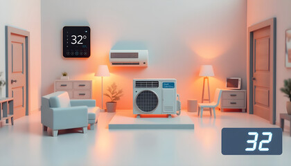 Home cooling solutions for summer comfort modern living room digital display cozy environment aerial perspective