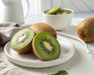 Sliced Ripe Kiwi on White Ceramic Plate in Minimalist Kitchen Setting with Soft Lighting