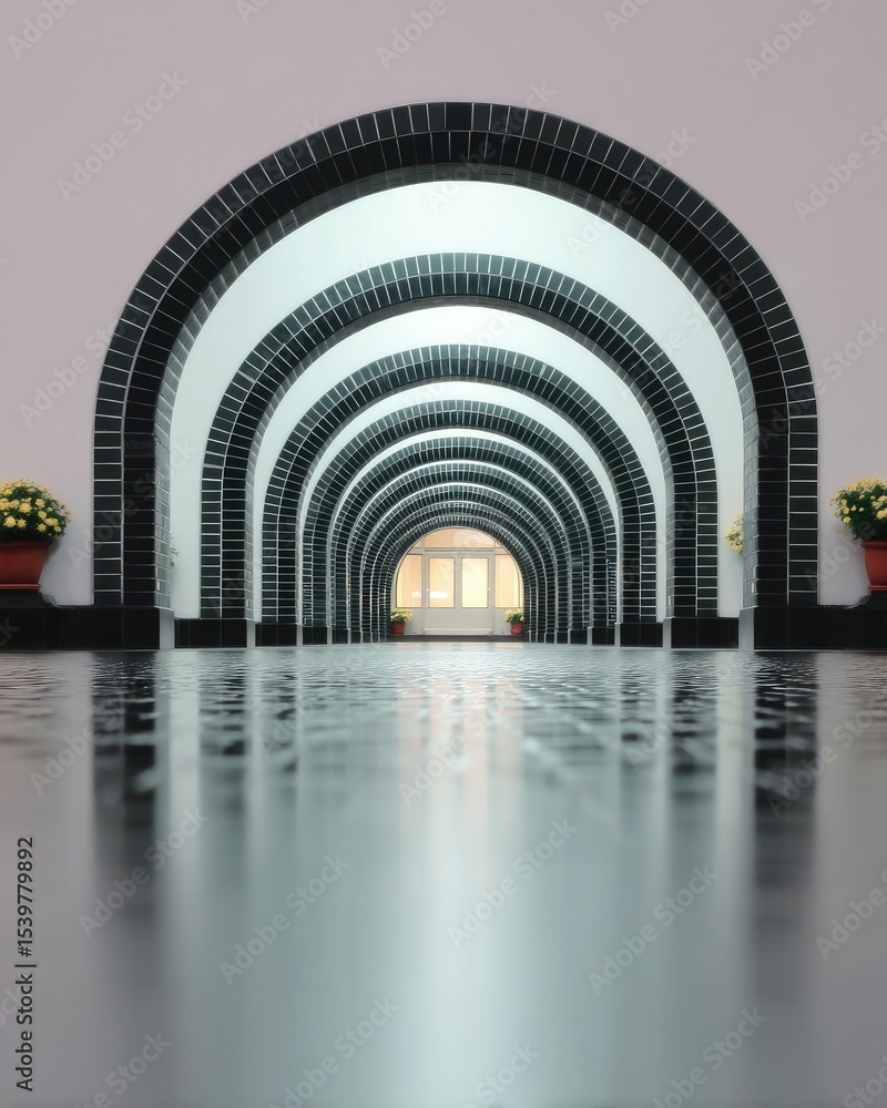 Poster mirrored arcs bending in opposite flow with deep perspective