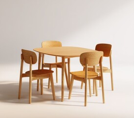 Light wood dining set four simple, curved-back chairs surround a slightly oblong table on tapered legs, all against a minimalist white backdrop