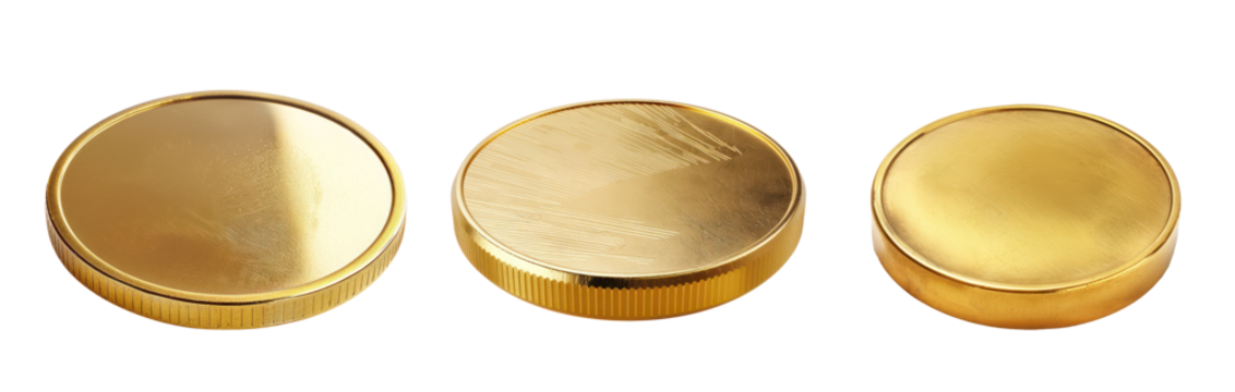 Three gold coins with different designs and textures.