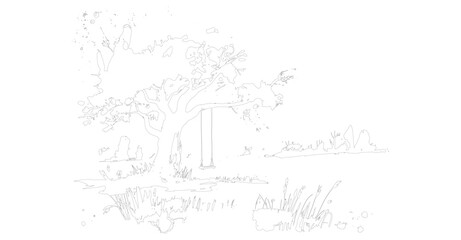 Minimal Line Art of Tree with Swing in Peaceful Garden Scene