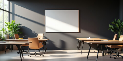 Interior of an office space with desks, chairs, and large windows providing natural light, featuring a blank whiteboard on a dark grey wall and potted plants, creating a productive environment