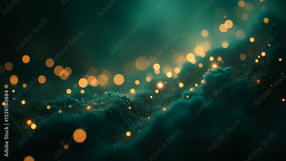 Poster abstract background featuring dark green textured surface with glowing golden bokeh lights, creating