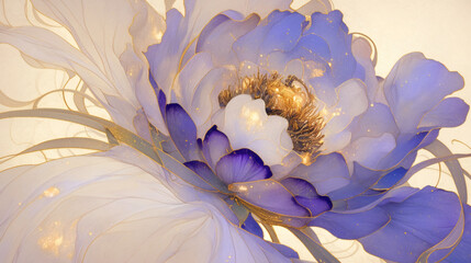 Illustration of a large, detailed flower with delicate petals in shades of white and blue, featuring golden accents and intricate details, creating an elegant and artistic floral composition 