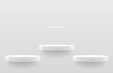 White minimal wall scene with set of white realistic 3d cylinder podium floating or hanging on the wall. Design for product display presentation or mockup. 3d vector stage rendering. Promotion stage.