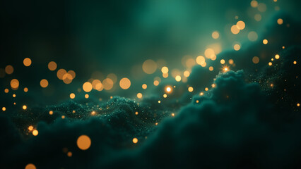 Abstract background featuring dark green textured surface with glowing golden bokeh lights, creating a magical and ethereal atmosphere with depth and subtle details for graphic resources.