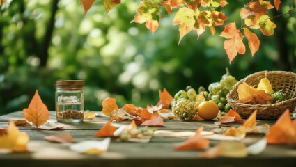 Still life featuring autumn leaves, grapes, and a jar on a wooden table in a blurred outdoor setting, showcasing the colors and textures of fall with a natural and rustic aesthetic for food.