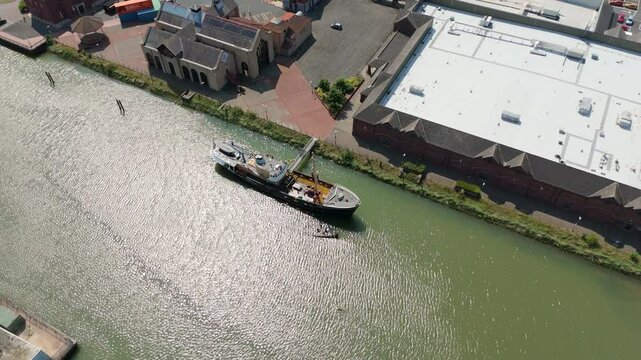 Aerial drone view of the Ross Tiger boat in harbour at Grimsby England UK