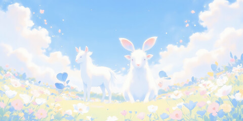 Illustration of a whimsical scene with a white rabbit and a unicorn in a pastel-colored meadow under a sunny sky with fluffy clouds, creating a dreamy and magical environment for graphic resources.