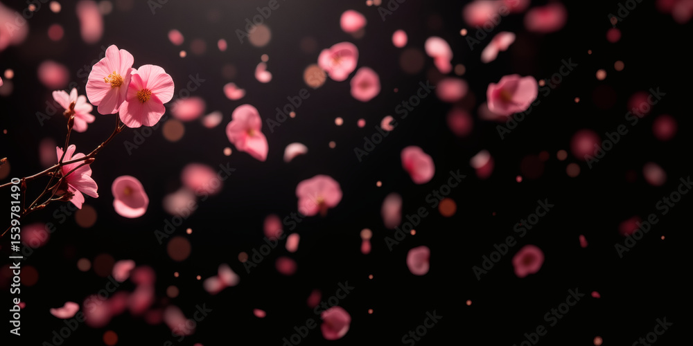 Aufkleber abstract image of pink flower petals falling against a dark background with bokeh lights, creating a