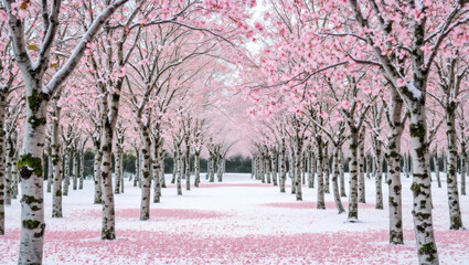 Avenue of cherry blossom trees in full bloom with pink petals covering the ground, creating a beautiful and serene landscape with a symmetrical composition and a sense of tranquility for plants