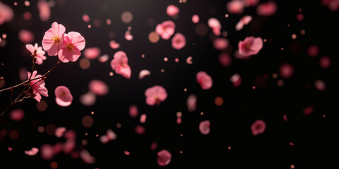 Abstract image of pink flower petals falling against a dark background with bokeh lights, creating a dreamy and romantic scene with a sense of movement and delicacy for plants & flowers.