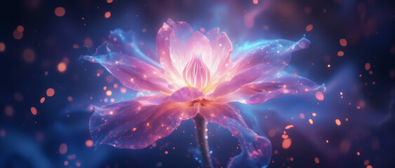 Illustration of a glowing flower with purple and blue hues, surrounded by sparkling particles and ethereal wisps, creating a magical and enchanting floral composition for graphic resources.