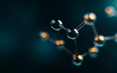 Molecular structure with interconnected spheres and rods against a dark background, showcasing science and technology with a modern and abstract design, featuring a shallow depth of field for science.