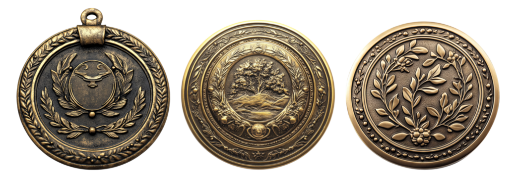 Vintage Medals with Ornate Design and Detailed Imagery
