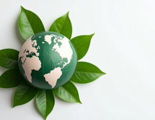 Conceptual image of a green globe surrounded by leaves, symbolizing environment, ecology, and sustainability on a white background.